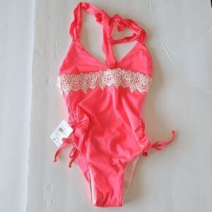 California Kisses girls pink flamenca one piece swim wear size L 8-10